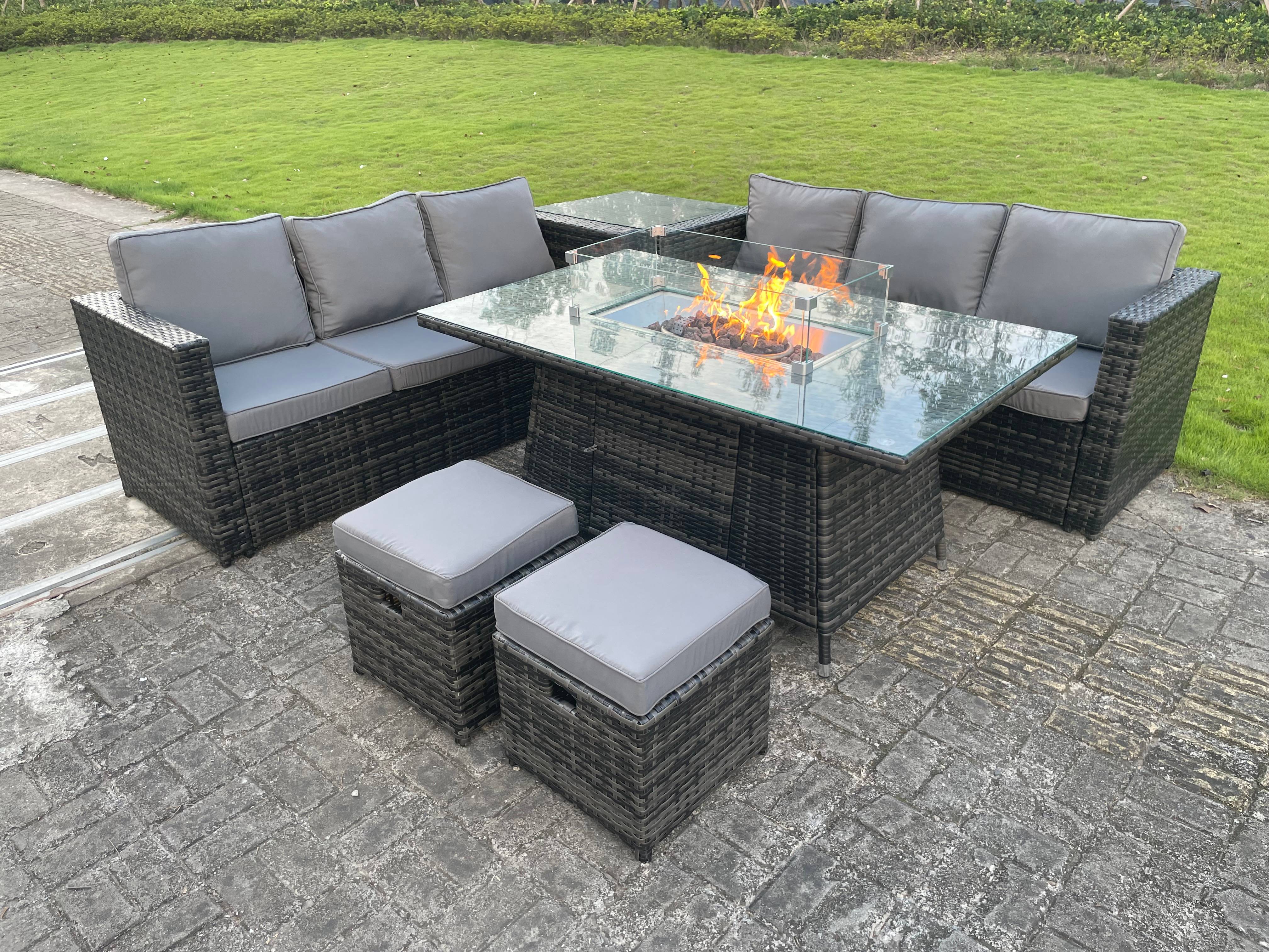 Wicker Rattan Garden Furniture Gas Fire Pit Table Sets Footstool Dark