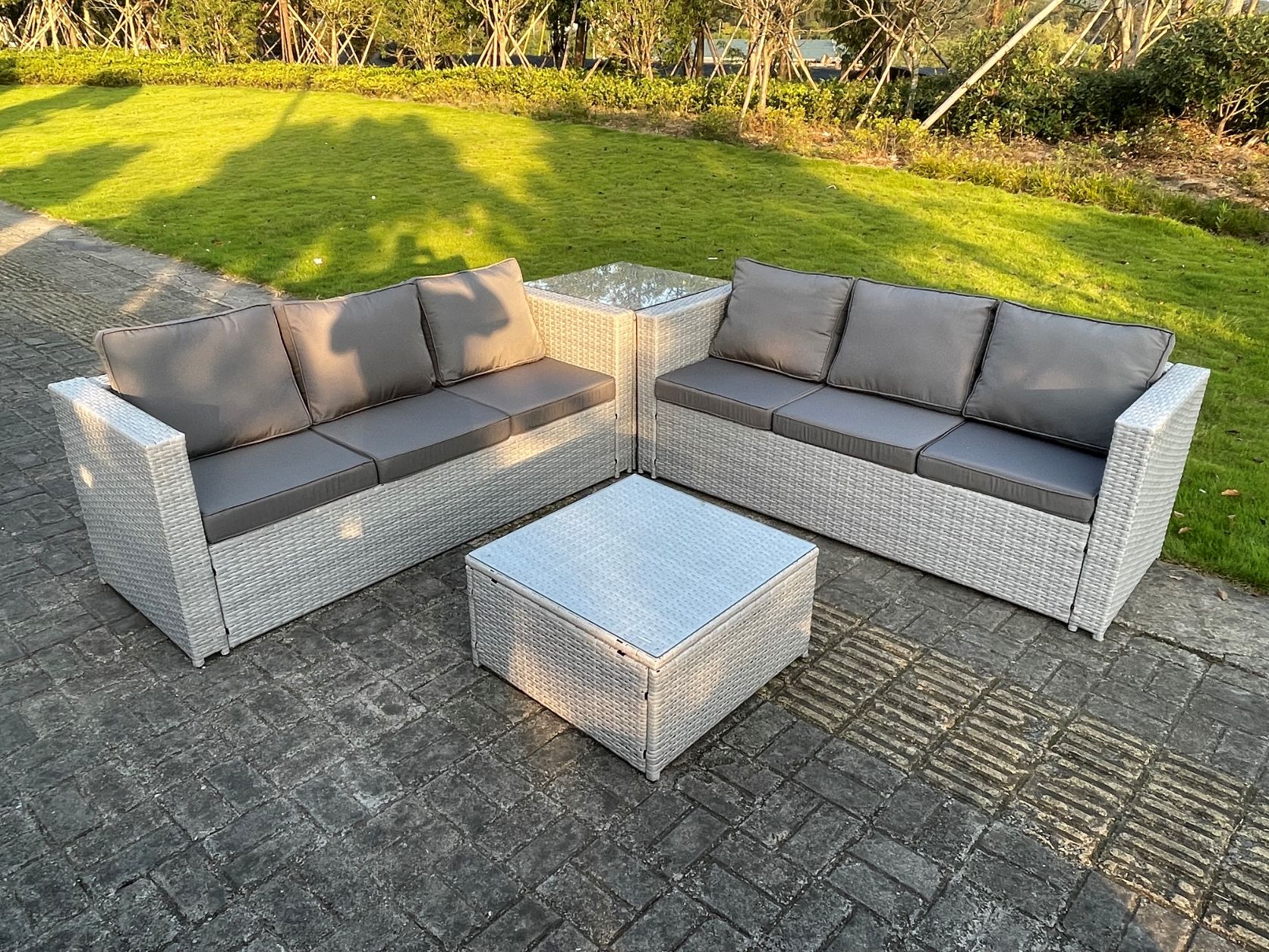 Garden Furniture 6 Seater Sofa Set Corner Table Rattan Light Grey ...