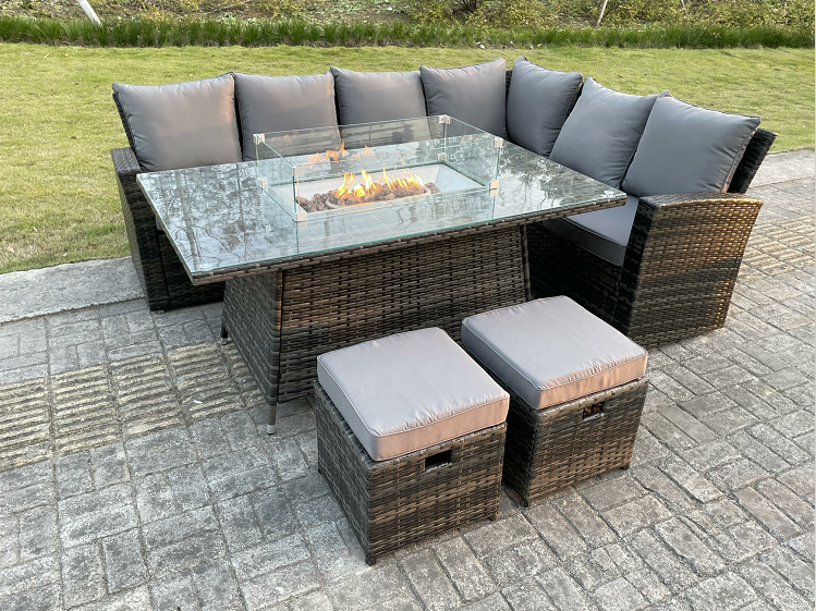 High Back Rattan Garden Furniture Sets Gas Fire Pit Dining Table Set