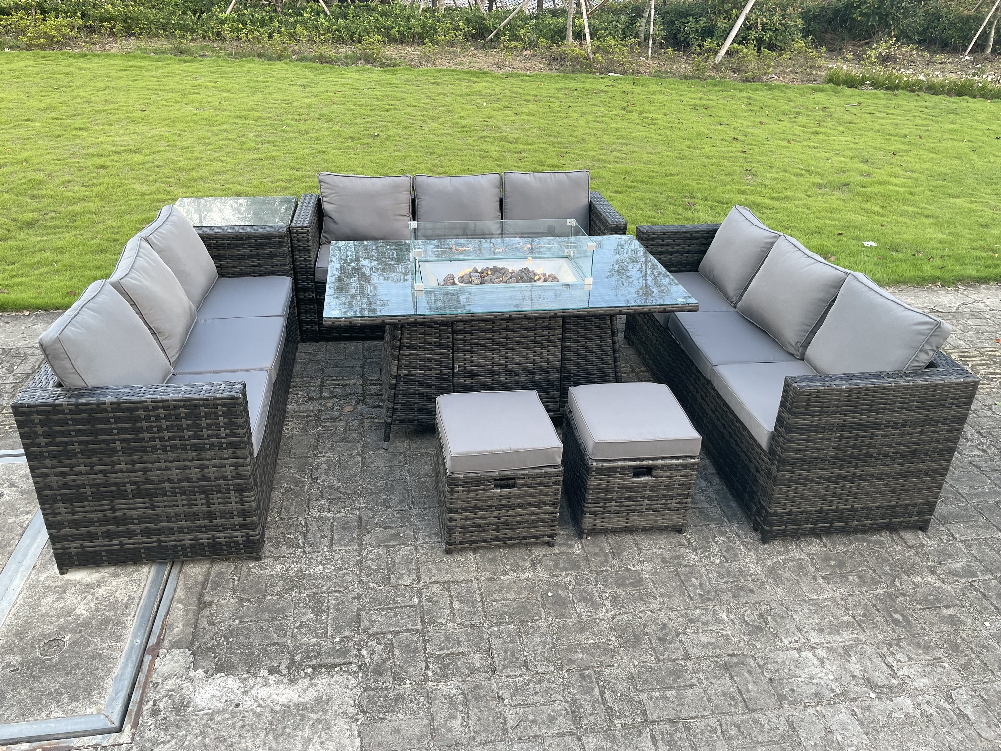 Outdoor Rattan Garden Furniture Gas Fire Pit Dining Table Sets Side