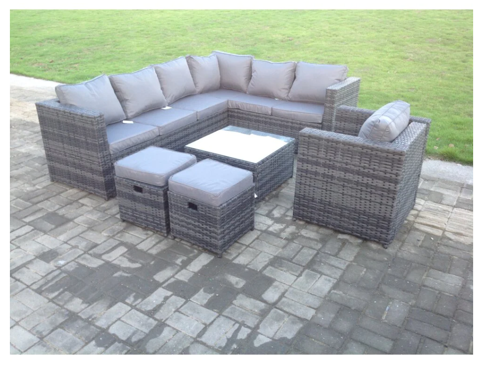 Dark Grey Mixed Rattan Garden Furniture Corner Sofa Set Square Coffee