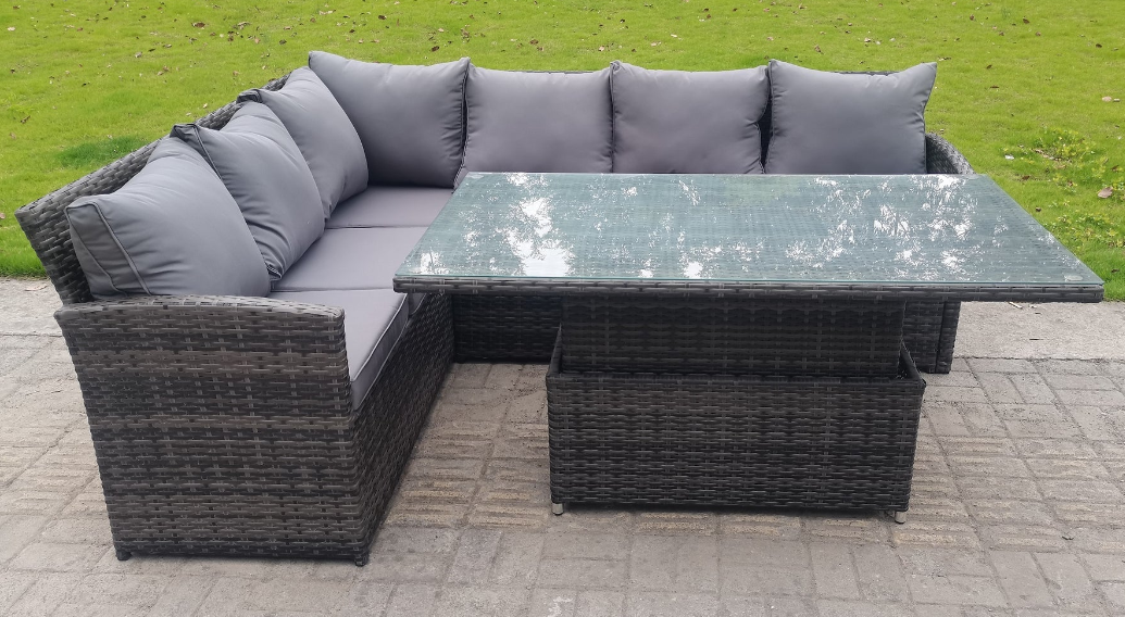 High Back Corner Rattan Garden Furniture 6 seater Sofa Dining Rising Table Height Adjustable