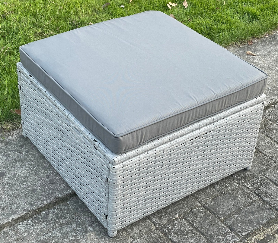 Light Grey Rattan Footstool Patio Outdoor Garden Furniture With Thick Dark Grey Cushion