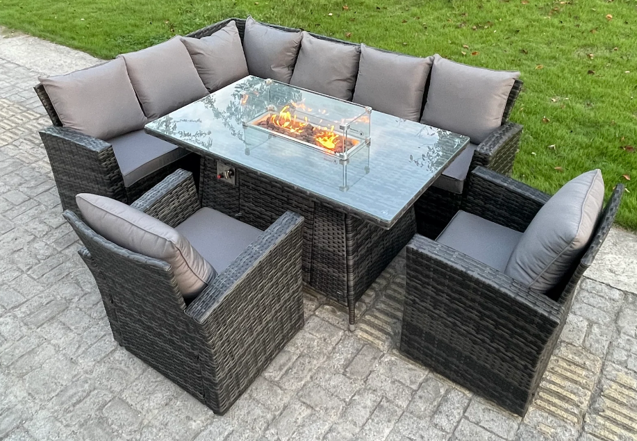Gas Fire Pit Table 8 Seater Rattan Garden Furniture Set Outdoor Lounger