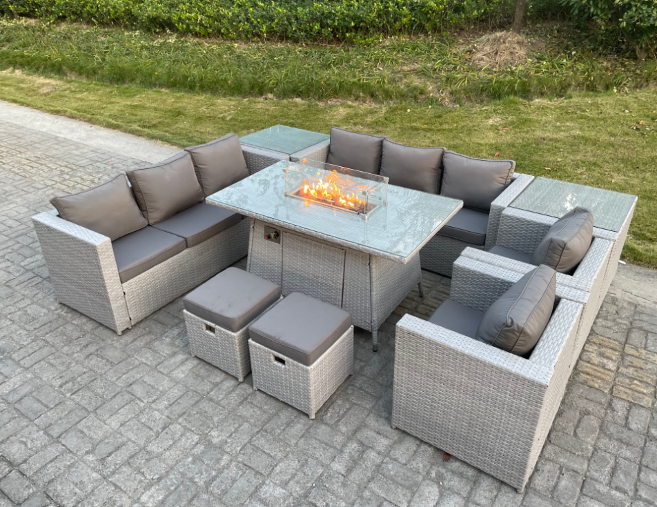 Fimous Light Grey Rattan Fire Pit Garden Furniture Set Gas Heater
