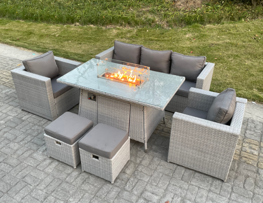 Fimous Light Grey Rattan Garden Furniture Set Gas Fire Pit Dining Table