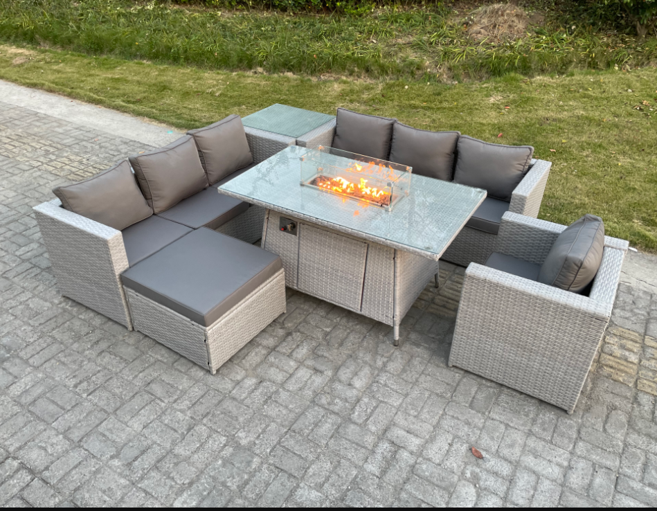 Fimous Light Grey Rattan Fire Pit Garden Furniture Set Gas Heater