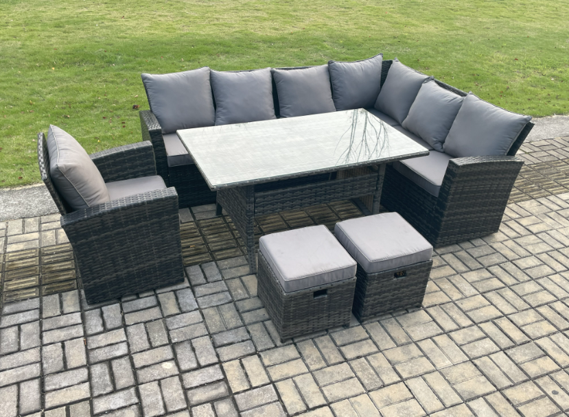 Fimous 9 Seater Garden Rattan Furniture Corner Sofa Dining Table Set