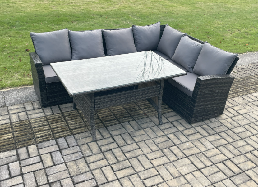 Fimous 6 Seater Garden Rattan Furniture Corner Sofa Dining Table Set