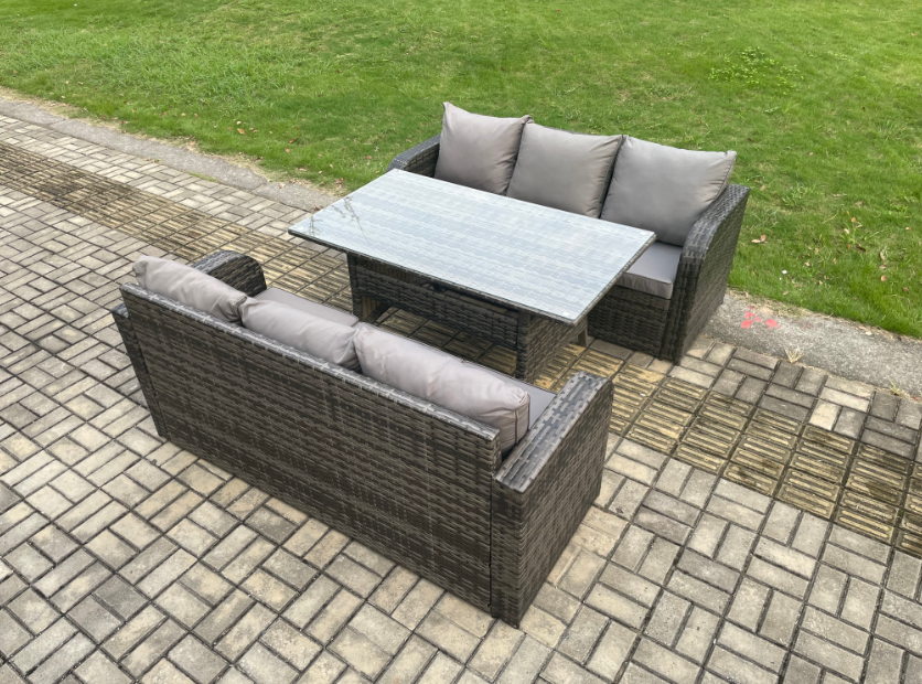 Fimous Patio Rattan Garden Furniture Set with Oblong Rectangular Dining ...